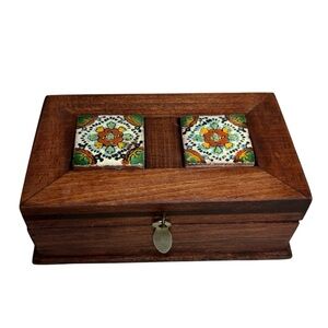 Handcrafted Vintage Wooden Trinket Box With Hand Painted Ceramic Tile Detail